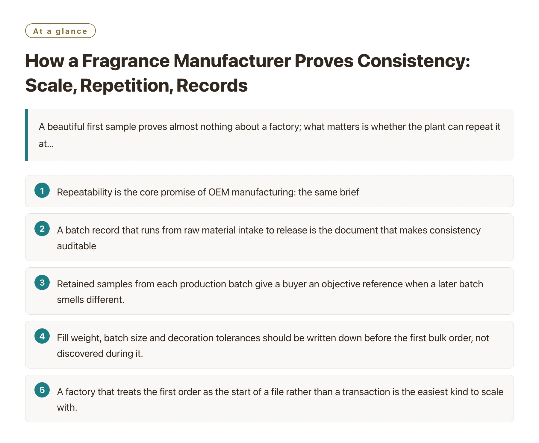 How a Fragrance Manufacturer Proves Consistency: Scale, Repetition, Records——全文要点速览